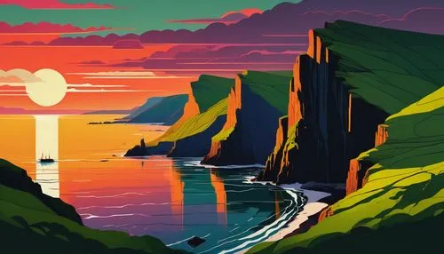 Lush green Scottish highlands and sea-cliffs at beautiful sunset, in the style of Olly Moss,a painting of a sunset at the edge of a cliff,futuristic landscape,coast sunset,an island far away landscape