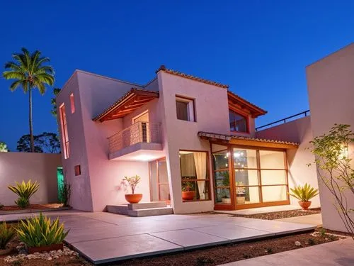 A contemporary, two-story, Mexican-style house at dusk, with dim ambient lighting and a starry sky amidst a tropical landscape. It is predominantly white, with a bright yellow accent wall as its disti