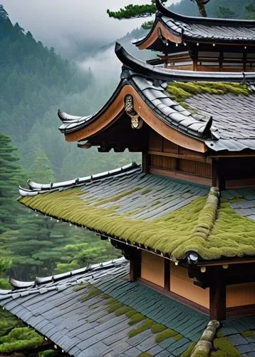 Architectural shingle overlap, traditional Japanese temple roof, curved eaves, ornate tile edges, wooden support beams, intricately carved ridge ends, layered shingles in gradient brown colors, subtle
