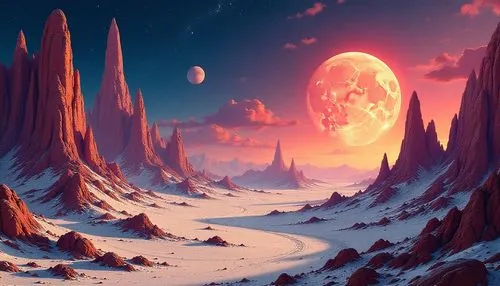 Surreal futuristic sci-fi landscape in the style of William Roger Dean, YES album cover,artwork of mountains and a moon on the horizon,alien planet,lunar landscape,alien world,futuristic landscape,fan