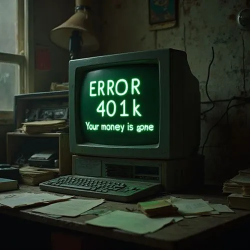 an old computer on a cluttered desk. On the screen in green computer letters written "ERROR 401k" and "Your money is gone",a monitor with the error written on it, sitting next to papers and a lamp,err