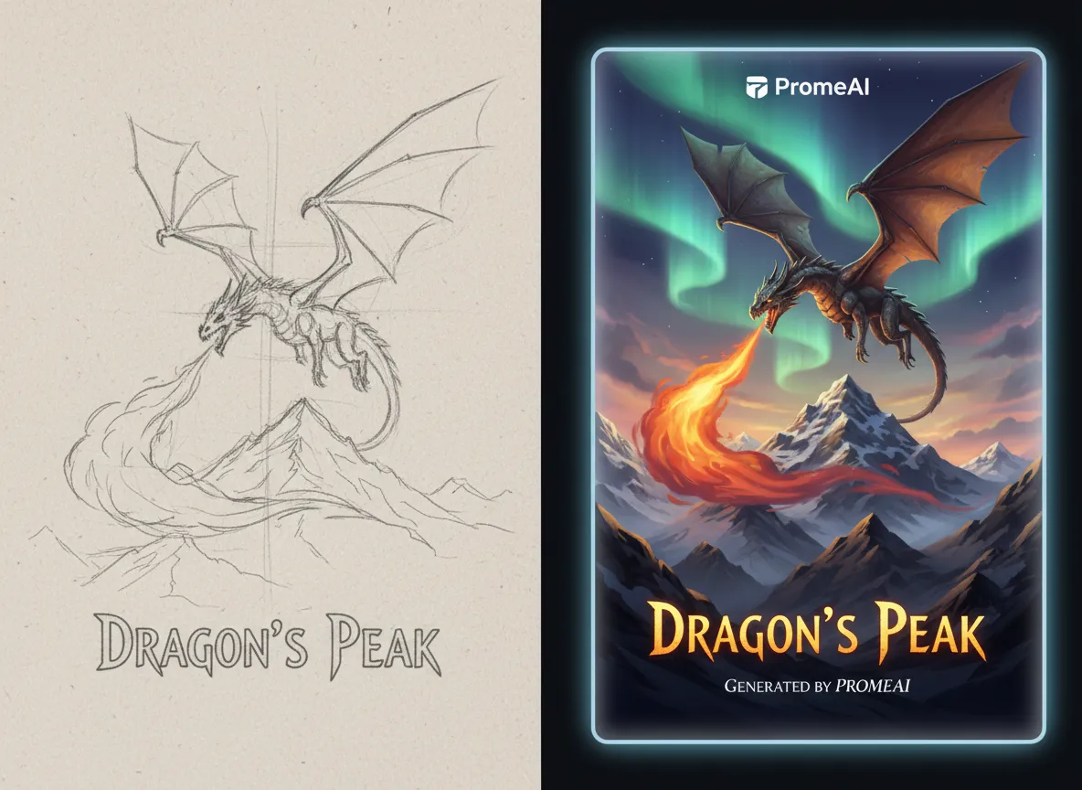 Ein direkter Vergleich, der links eine einfache Skizze und rechts ein detailliertes, vollständig gerendertes Plakatdesign von PromeAI zeigt.