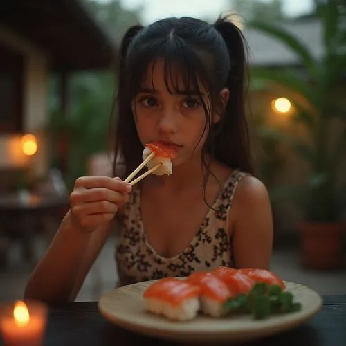 young girl eating sushi,a woman eating sushi off of a wooden fork,girl with bread-and-butter,candle light dinner,romantic dinner,garden dinner,sushi roll images,dining,eat away,raw fish,delicacies,sus