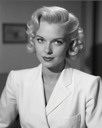 Headshot of Joan Glide, with blonde hair in an updo, wearing a white suit in the style of George Hurrell. Black and white photo from the Hollywood Golden Age.
,a young blonde woman wearing a jacke