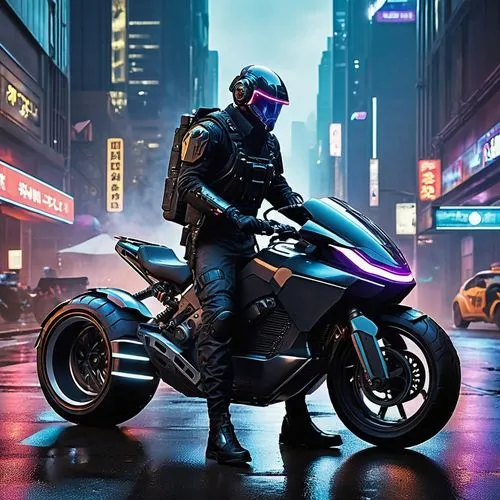 In the heart of Night City, neon lights flicker against the rain-soaked streets. A mercenary leans against his modified hoverbike, exhaling smoke into the humid air. His cybernetic arm whirs softly as