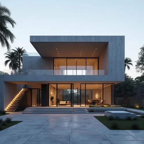 A hyper-realistic, high-resolution architectural photograph capturing a striking, multi-level contemporary home constructed primarily from smooth, exposed concrete. The design is characterized by dram