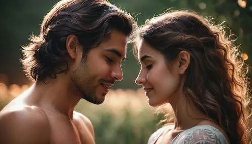  A bittersweet romantic scene between a couple, one girl deeply in love and gazing longingly at her partner, while the other smiles gently but looks unaware of the deep feelings, soft emotional tensio