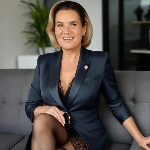 beautyful curvy 55yo wrinkled woman, perfect hands, in a office, she is sitting on a sofa, very short blonde hair, blue eyes, anthracitegrey pantyhose, high heels,blazer with button, satin blouse with