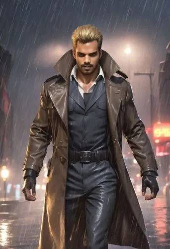 Albert Wesker from Resident Evil standing still on a dark rooftop in the rain. Wearing his iconic black tactical trench coat, slick with water, and golden-reddish tinted sunglasses. His slicked-back b