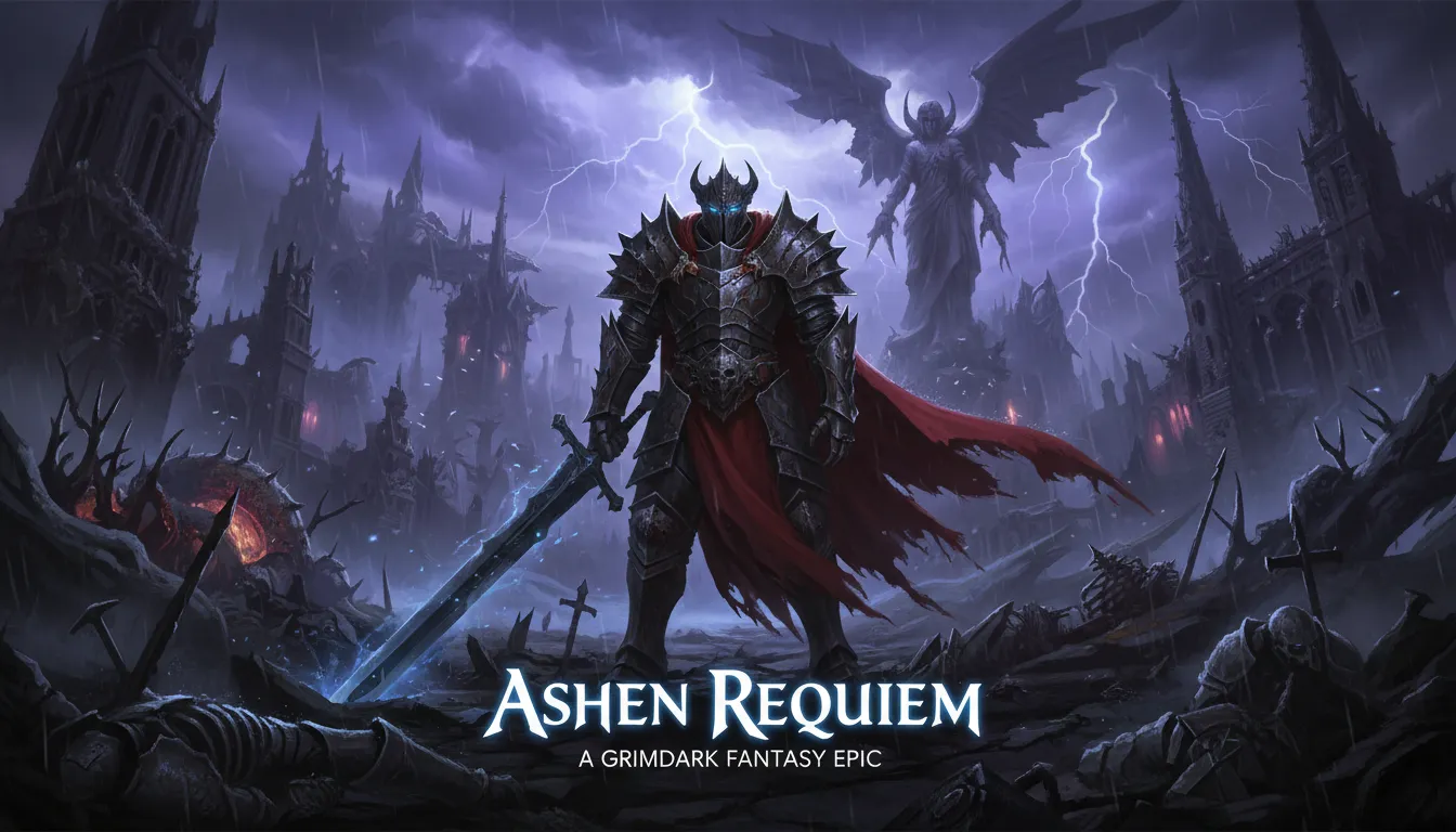 Un poster generato dall'IA che raffigura un guerriero solitario in armatura pesante in una città in rovina in stile Grimdark Fantasy, sotto un cielo tempestoso.