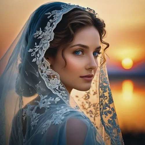 In this stunning image, a woman with a single, ethereal smile and glowing blue eyes gazes out of the frame, her body adorned with a thick benetrable veil. Her body is pure and tranquil, as if she is g