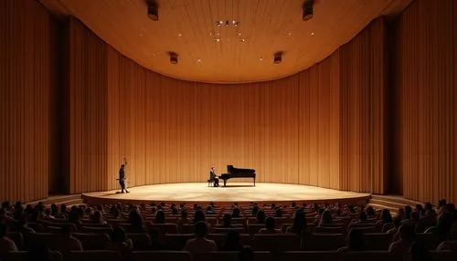 Concert house, interior design, Chukum material, sustainable, eco-friendly, natural texture, wooden pattern, acoustic panels, sound-absorbing, minimalist decor, simple lines, warm lighting, cozy atmos