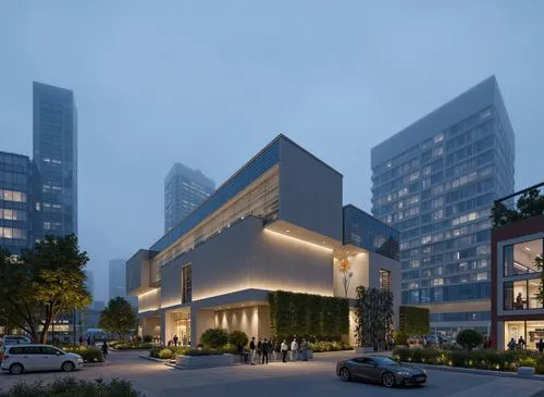 A photo-realistic rendering of a modern, minimalist building with a glass facade, situated in the middle of a foggy city street. the building is a large, rectangular structure with multiple floors and