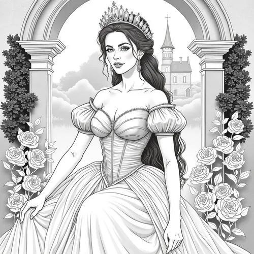 A beautiful, elegant woman with long, wavy brown hair, wearing a stunning, off-the-shoulder, silver corseted dress with puffed sleeves and a flowing skirt. she is seated in the middle of the image, wi