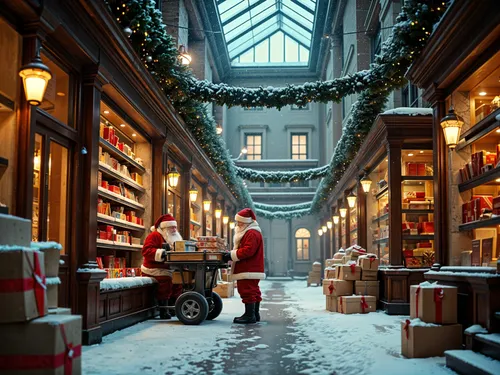 two people in santa suits stand in a christmas themed store,santa's village,santa and girl,christmas market,santa claus,christmas shopping,holiday shopping,christmas scene,st claus,winterplace,christm