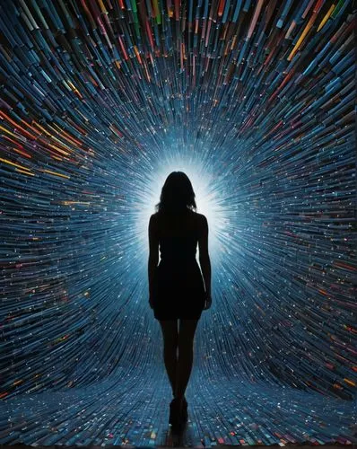 replace with background,a woman is walking through a worm hole,hyperspace,light art,vortex,light space,light drawing,interdimensional