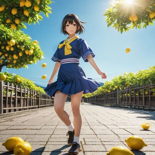 flying anime character,japanese style,girl,lemons,a woman in a school uniform is standing on a paved road in front of lemon trees,yuzu,lemon background,citrus,lemon wallpaper,tsukiko,lemon,Photography