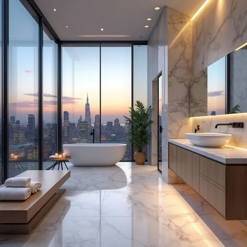 A luxurious modern bathroom with floor-to-ceiling glass walls overlooking a vibrant city skyline at dusk, featuring polished white marble flooring with soft gray veining that reflects the warm recesse