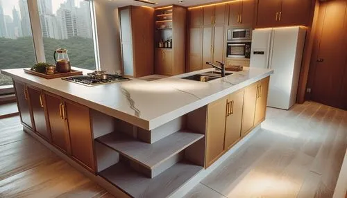 a kitchen with wooden cabinets and a big window,modern kitchen interior,kitchen design,wood casework,penthouses,polished granite,modern kitchen