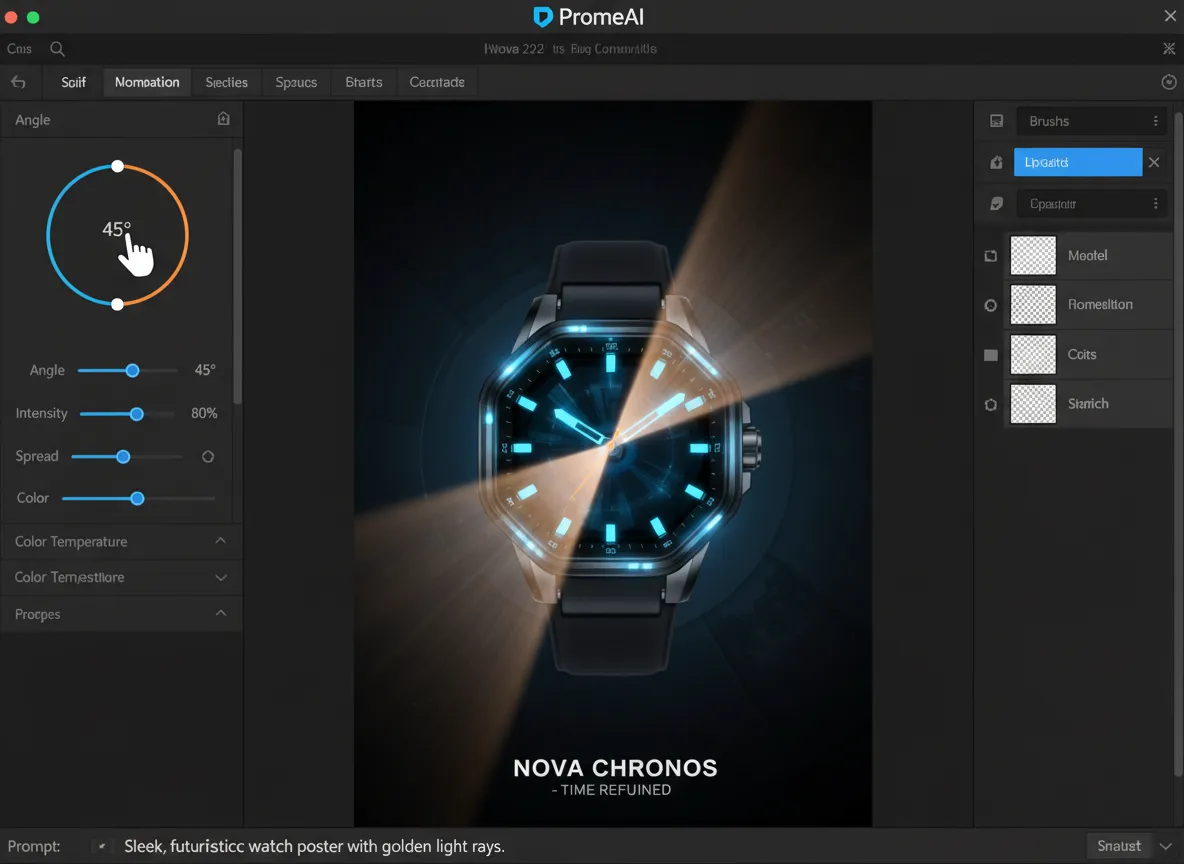 एक PromeAI इंटरफ़ेस जो एक उपयोगकर्ता को एक साधारण टेक्स्ट प्रॉम्प्ट के साथ उत्पाद पोस्टर पर God Rays के कोण और तीव्रता को समायोजित करते हुए दिखाता है।