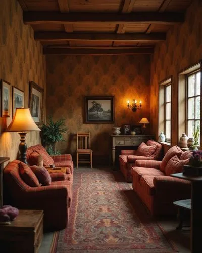 A warm and nostalgic indoor atmosphere with earthy tones and vintage patterns. The walls are adorned with intricate wallpaper, while wooden furnishings with a natural finish enhance the rustic charm. 