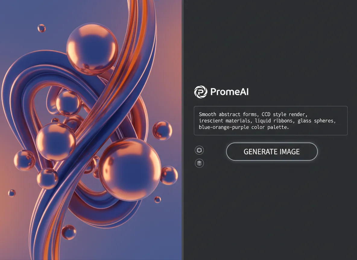 PromeAI इंटरफ़ेस में एक साधारण टेक्स्ट प्रॉम्प्ट के बगल में चिकने अमूर्त आकारों के एक जटिल C4D स्टाइल रेंडर को दिखाते हुए साथ-साथ तुलना।