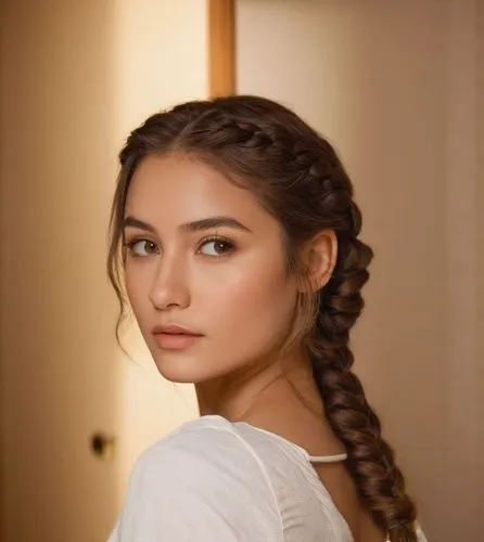 A conceptual art portrait of a beautiful caucasian young woman with long brown hair and a braid, 21 years old, dressed in a white minidress with neckline, standing on her back with her head tilted bac