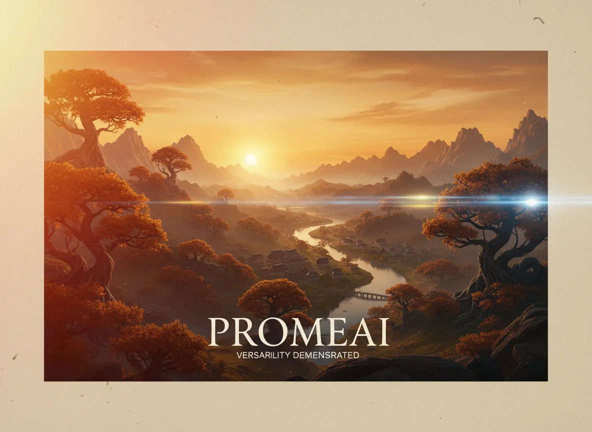 एक गर्म लाइट लीक ओवरले और एक सूक्ष्म एनामॉर्फिक लेंस फ्लेयर के साथ एक सुंदर लैंडस्केप पोस्टर, जो PromeAI की बहुमुखी प्रतिभा को प्रदर्शित करता है।