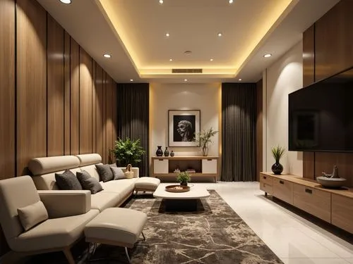 Modern streamline interior, sleek monochromatic colors, metallic accents, high-gloss finishes, smooth curves, minimalist decor, ambient lighting, warm beige tones, rich wood textures, subtle patterned