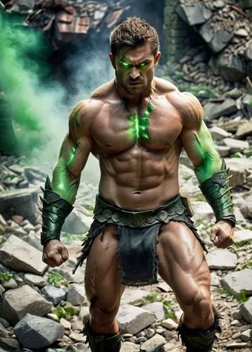 Criar guerreiro muito forte, sem camisa, com muita raiva, olhos com brilho intenso na cor verde, braços carregados de energia em verde, chão com entulhos e pedras,a muscular man with green makeup and 