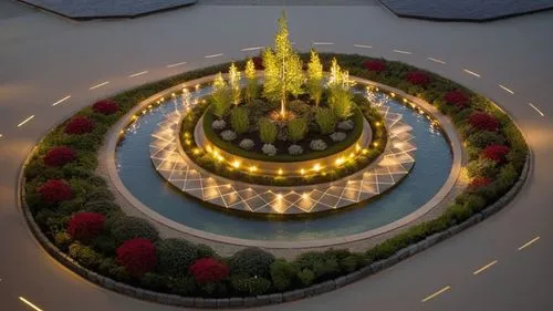 the circular garden on the lawn is lit up,highway roundabout,flower clock,city fountain,decorative fountains,floor fountain,temple square,fountain of friendship of peoples,victory column,capitol squar