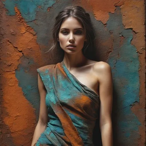 A beautiful, stunning mixed media figure realistic photo using different texture, collage, fabric, powertex, acrylic paint. oil pastels, modeling paste, rust paint, captivating, figure painting, South
