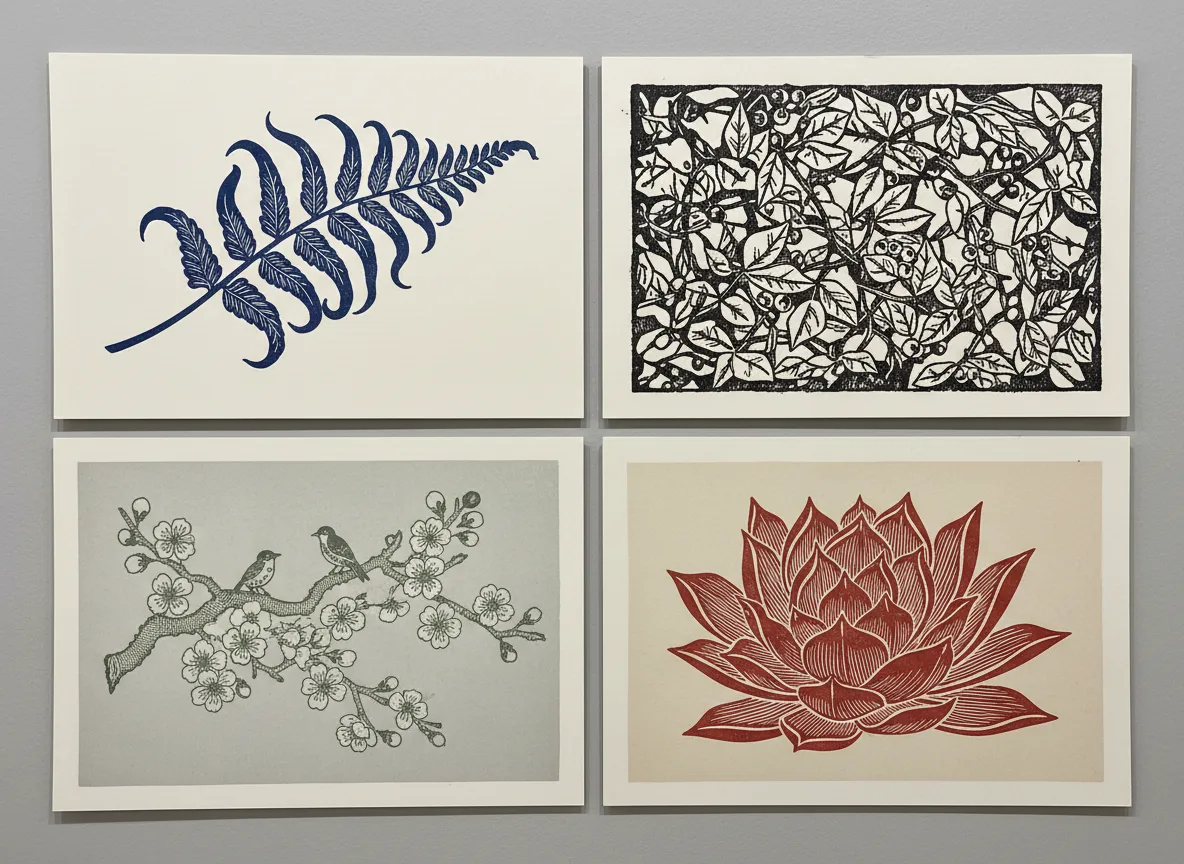 PromeAI द्वारा उत्पन्न चार अलग-अलग वानस्पतिक लिनोकट प्रिंट डिजाइनों की एक गैलरी, जो शैली और जटिलता में विविधता दिखाती है।