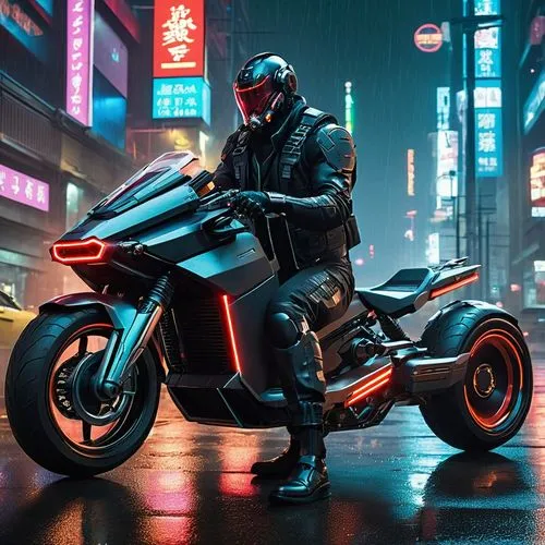 In the heart of Night City, neon lights flicker against the rain-soaked streets. A mercenary leans against his modified hoverbike, exhaling smoke into the humid air. His cybernetic arm whirs softly as