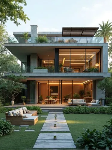 "Imagine a luxurious, eco-friendly house in 2030 with a modern and minimalist design. The house features sleek lines, large glass panels, and a solar-paneled roof. Inside, there are spacious open-plan