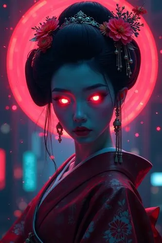 majestic oriental illustration of extremely beautiful Japanese cyberpunk style geisha with glowing cyber eyes, highly detailed digital artwork, create effect of danger around yet focus on gentle beaut