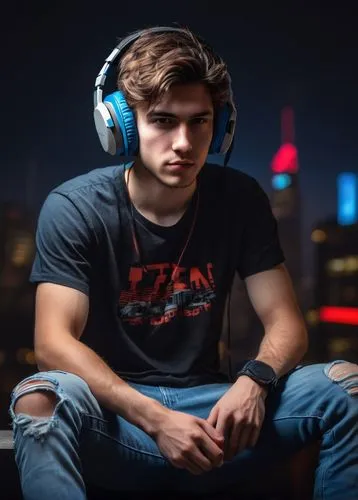 Next-gen gamer, male, 25yo, messy brown hair, black gaming headset, intense eyes, casual wear, white graphic t-shirt, ripped blue jeans, red sneakers, holding controller, sitting, dark background, neo