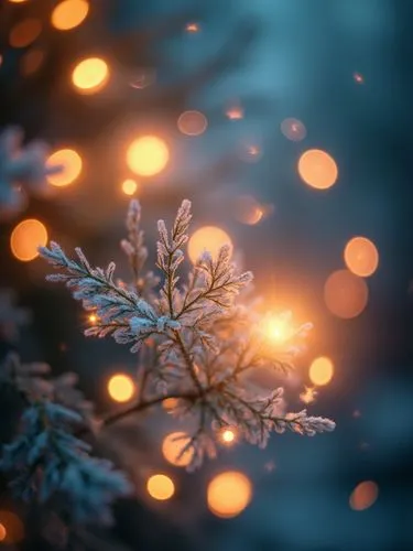 A traditional Christmas wallpaper featuring fairy lights, styled with pastel tones tones, evoking a festive and cheerful atmosphere.,a blurry image of an evergreen nch and snow,bokeh lights,bokeh effe