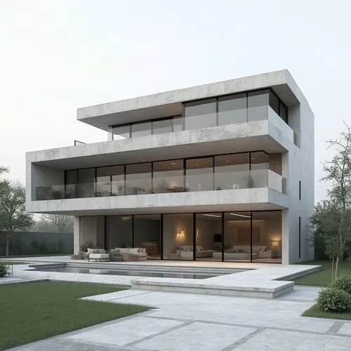 Exactly three full visible floors with identical floor-to-floor heights. Timeless contemporary minimalist villa with a disciplined horizontal composition, calm geometry, refined proportions and elegan