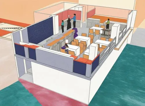 a drawing of people working in an office in one area,houseboat,sketchup,seasteading,shipping container,portuguese galley,Cafetería 