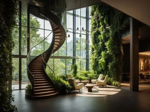 Biophilic workspace, a swirl staircase ,an atrium with a spiral staircase and living room area,landscape design sydney,garden design sydney,landscape designers sydney,outside staircase,atriums,interio