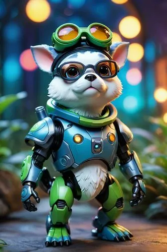 frog dog inu immaculate full body cyberpunk style robot with virtual reality glasses, going to the moon,a small white and gray cat dressed as a robot,pip,chipmunk,mascot,megabyte,gizmo,outfox,chipmunk