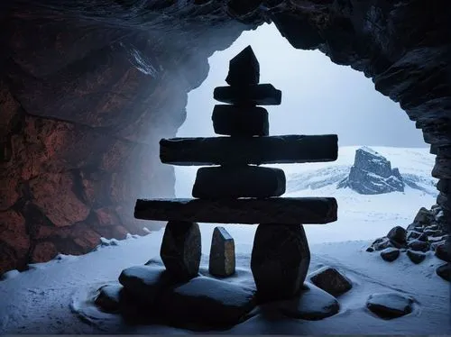 an inukshuk frozen inside a cave, cavern, grain,a rock formation with snow and fog in front of a stone cave,rock stacking,stacked rocks,stone balancing,rock balancing,stacking stones,rock cairn,stacke