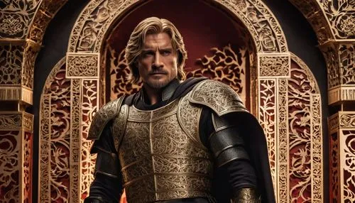 Jaime Lannister, Kingslayer, solo, (35yo), sharp facial features, short blonde hair, golden armor, intricate engravings, sword at hip, majestic background, King's Landing, Red Keep, grand staircase, o