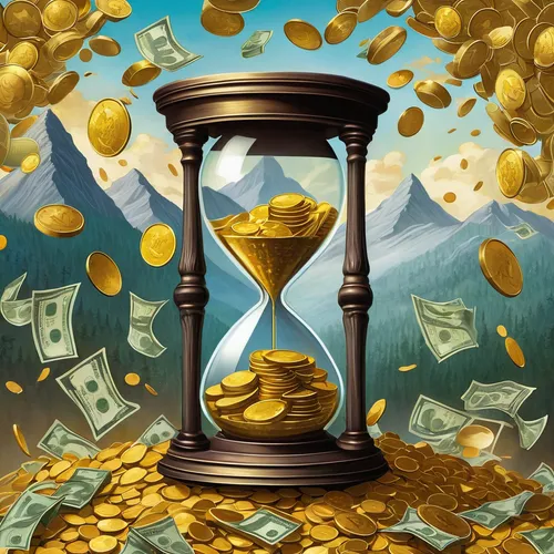 hourglass, The background is a mountain of gold coins and banknotes piled up,time and money,time is money,pot of gold background,passive income,paypal icon,gold bullion,digital currency,greed,gold pri