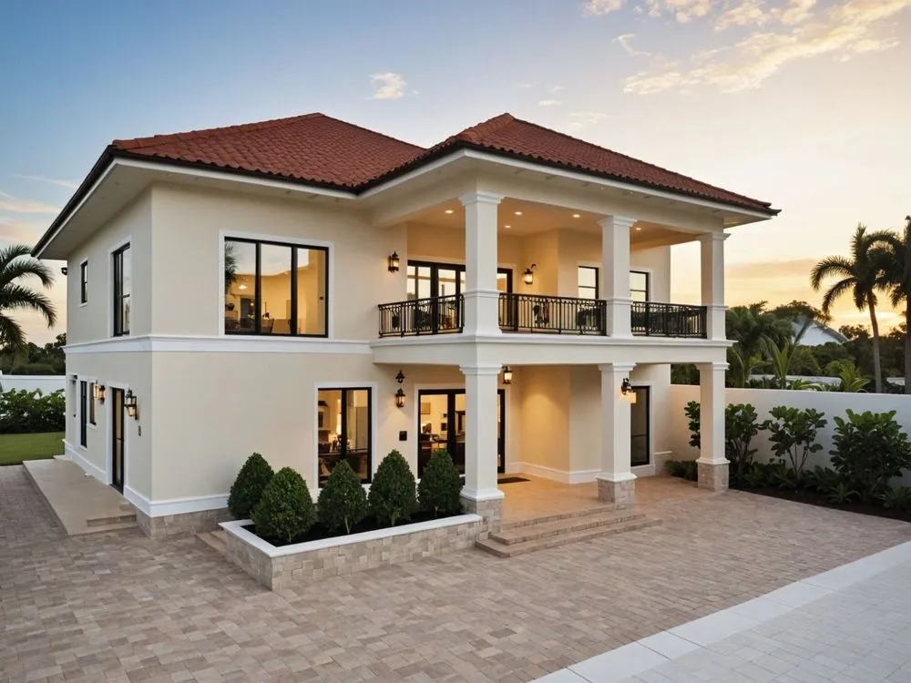 an all white two story house with a deck and covered balconies