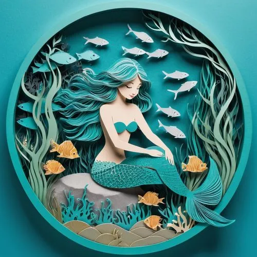 a beautiful mermaid, turquoise hair and eyes, sitting on a rock, at the bottom of the sea, surrounded by fish, combing her long hair, extremely detailed, delicate details, children's book style,,water