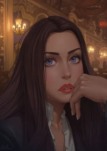 a stunning anime portrait of a beautiful young woman, 22 years old, with long brown hair, blue eyes, and red lips, wearing a gray jacket. She is seated in a cozy chair in an elegant, warmly lit resta