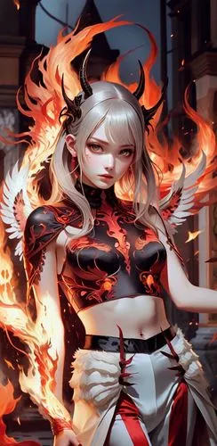 a lady wearing white with a red demon around her neck,fire background,fire siren,fire angel,flame spirit,fire devil,cinder,infernal,fire poi,fire red eyes,flame lily,flame of fire,fiery,fire master,he