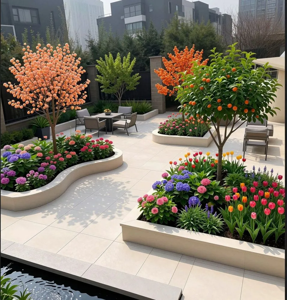 a garden with lots of flowers and lots of trees